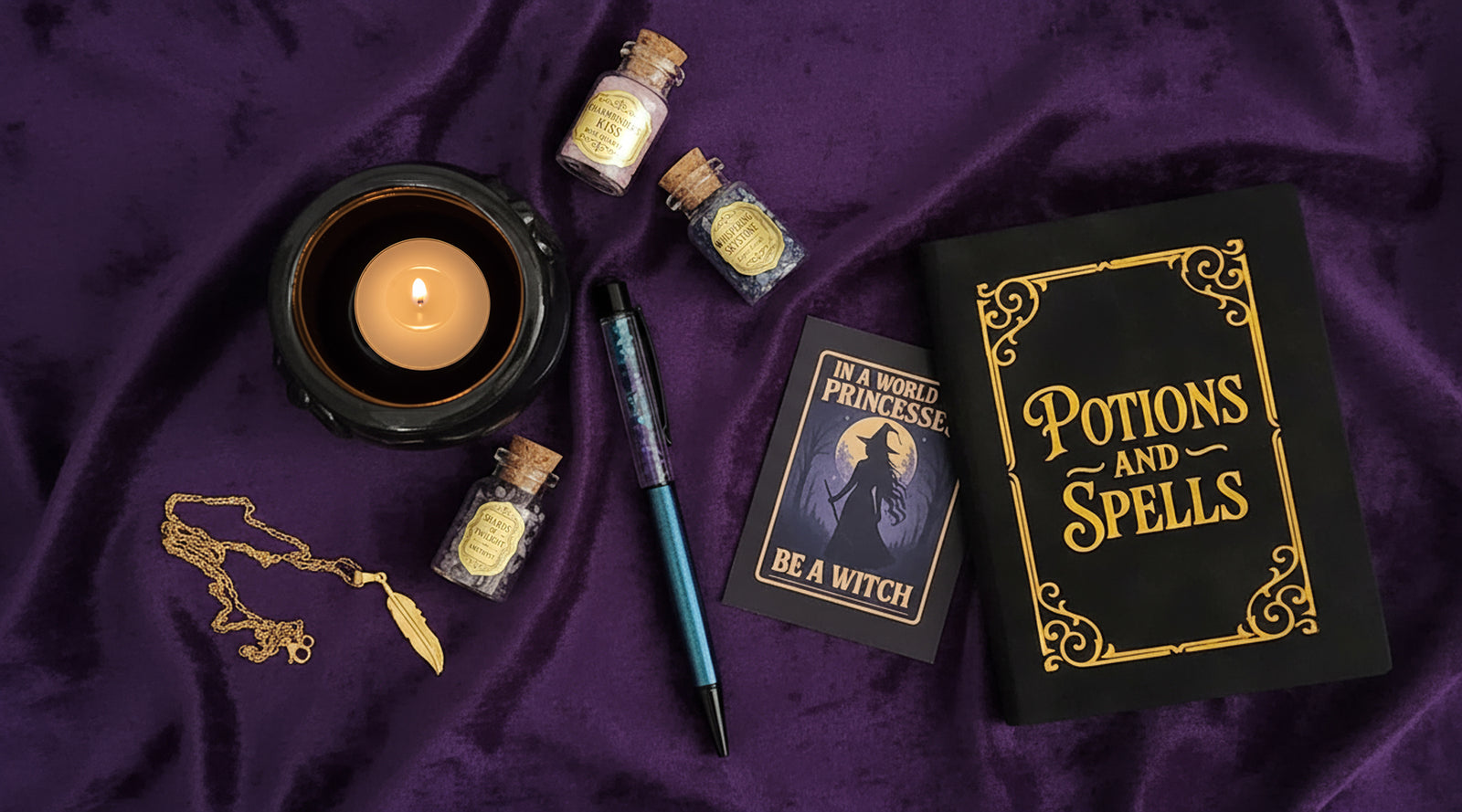 Magical-themed items including a candle, books, and potions on a purple fabric background.