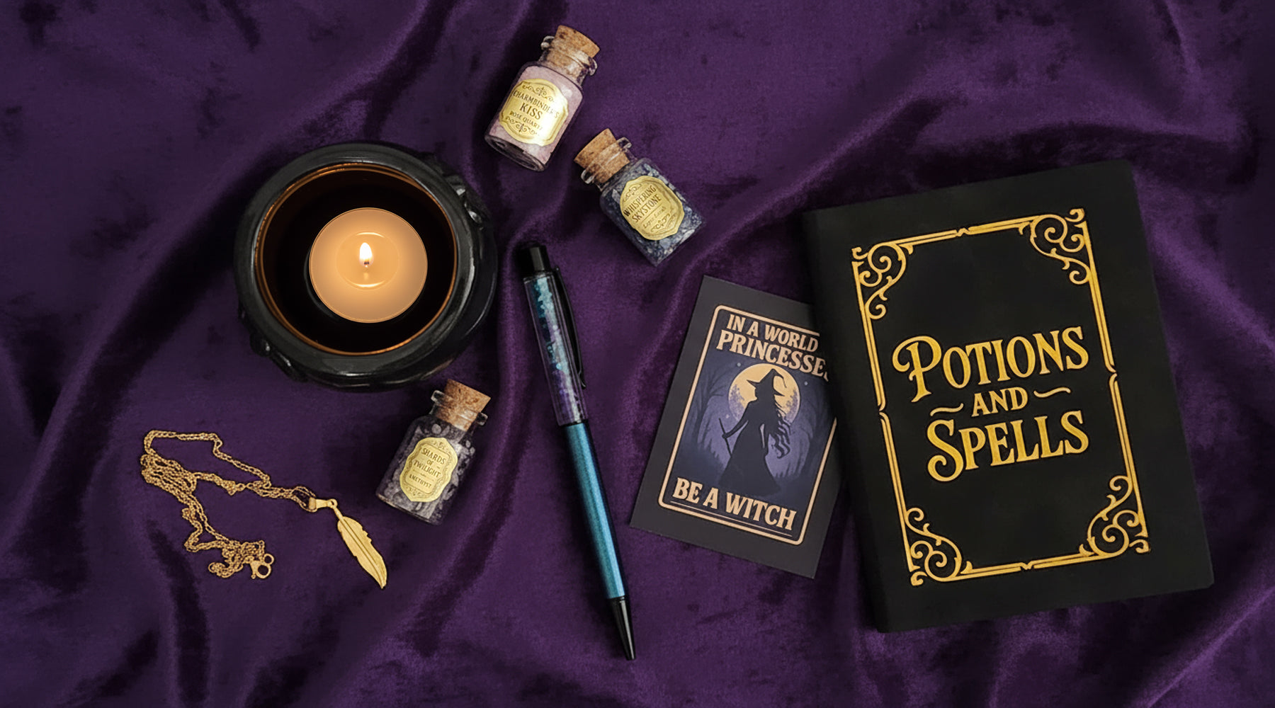 Magical-themed items including a candle, books, and potions on a purple fabric background.