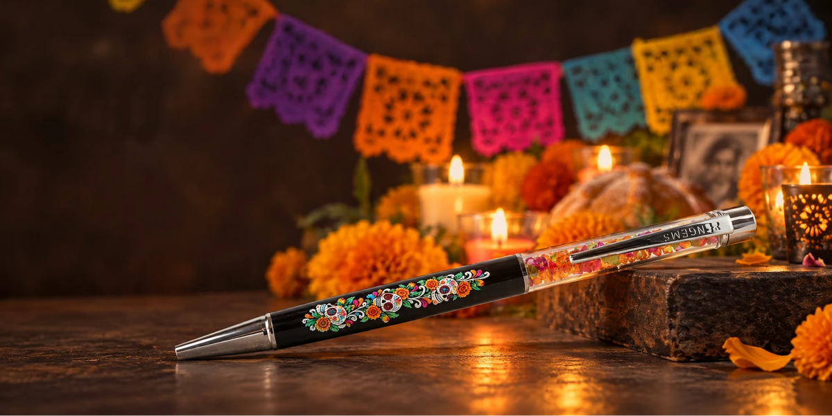 A decorative ballpoint pen with a black barrel and colorful floral patterns, resting on a wooden surface with a festive Day of the Dead background featuring papel picado banners, marigolds, and candles.