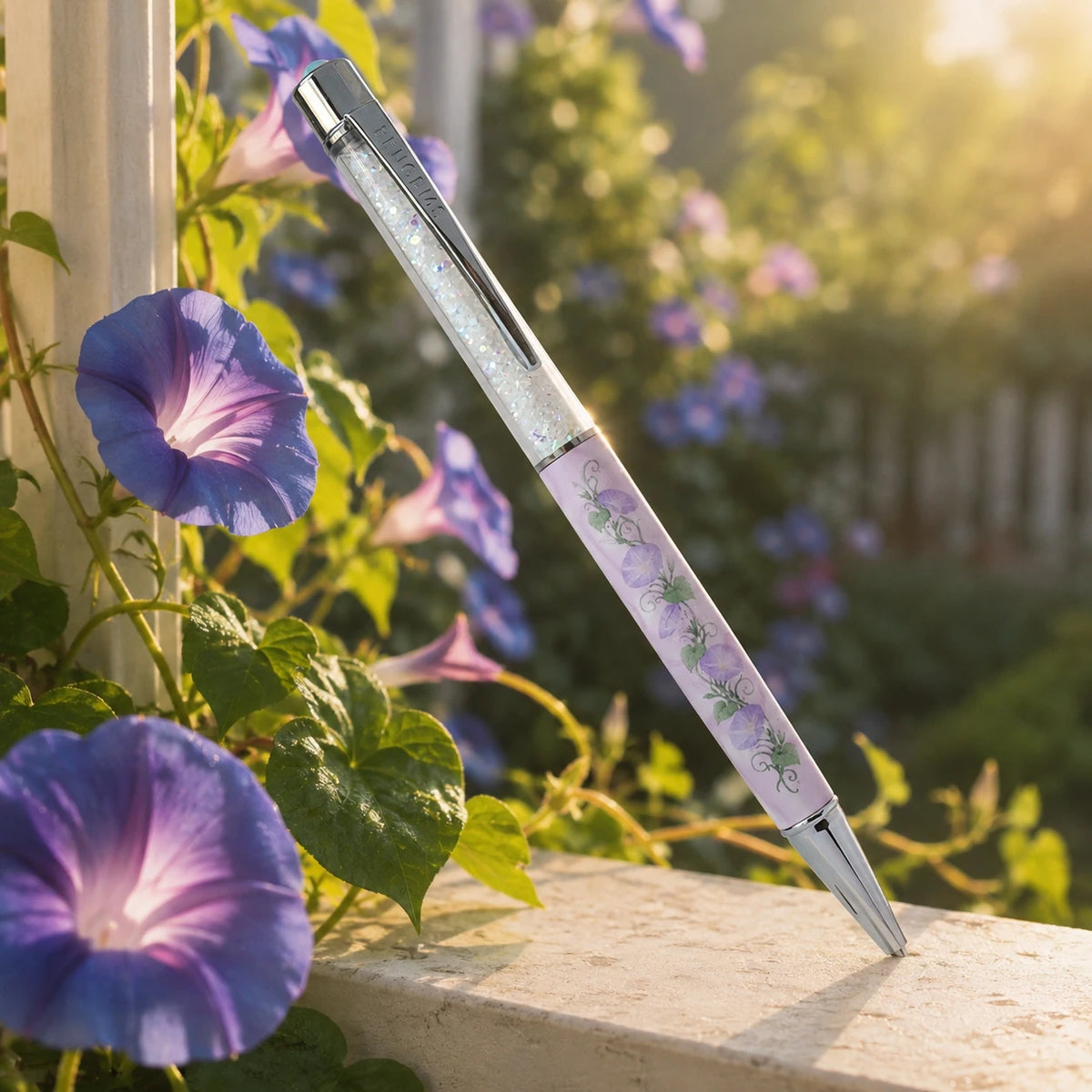 Glory Days crystal pen leaning against a wooden post, with morning glory vines and purple blooms in soft morning light.