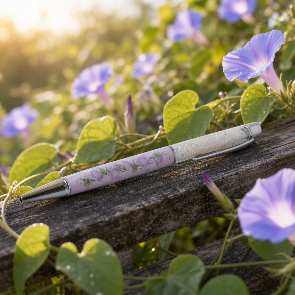 Glory Days crystal pen resting on a weathered wooden fence among climbing morning glory vines and purple flowers.
