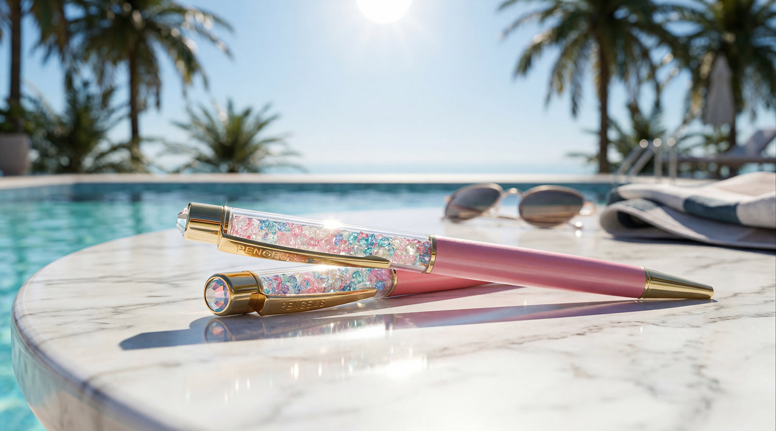 Two decorative pens on a table by a pool with palm trees in the background