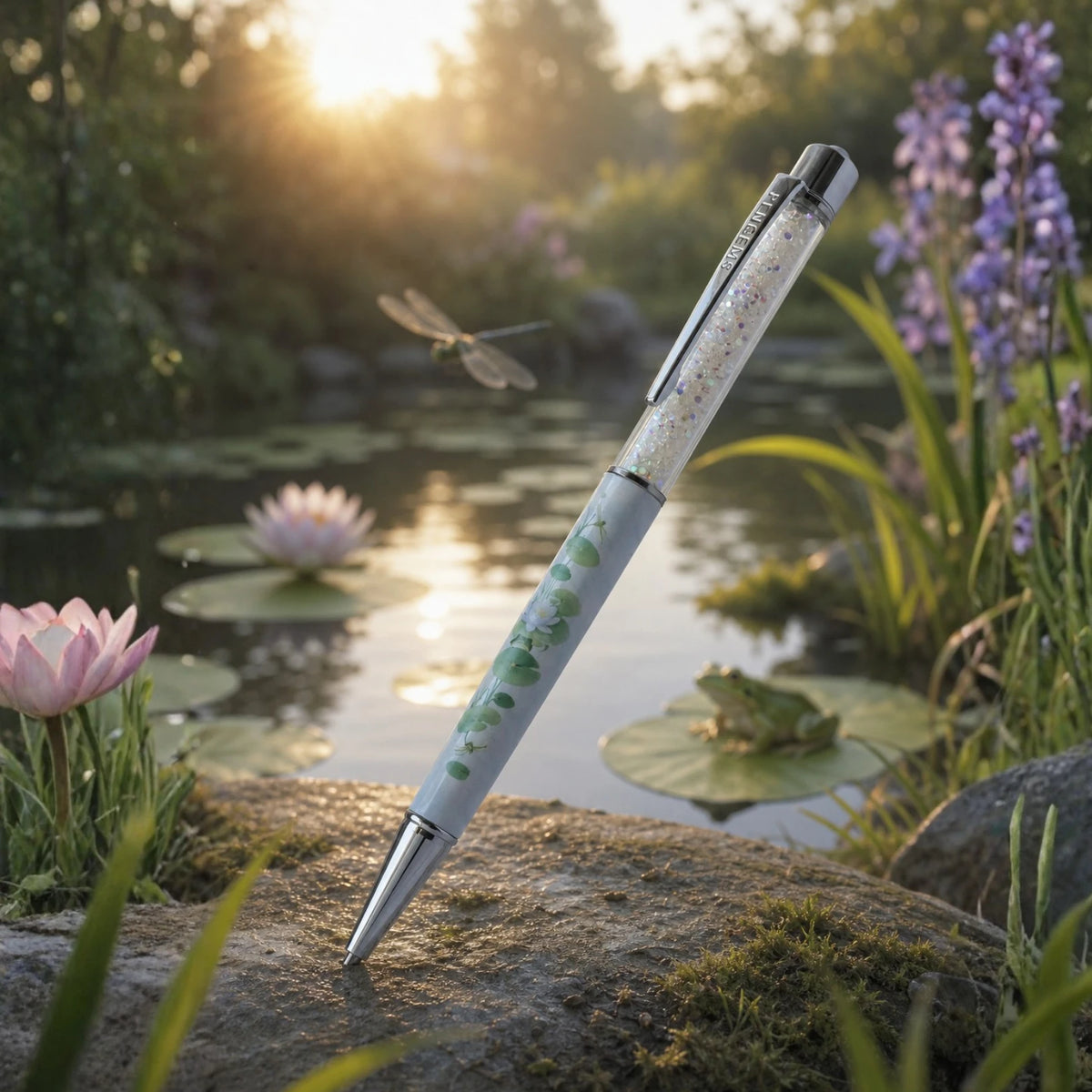 Lilypad Lounge crystal pen leaning against a rock at a pond's edge at sunset, with a dragonfly, pink and white water lilies, a frog on a lily pad, and purple flowers nearby.