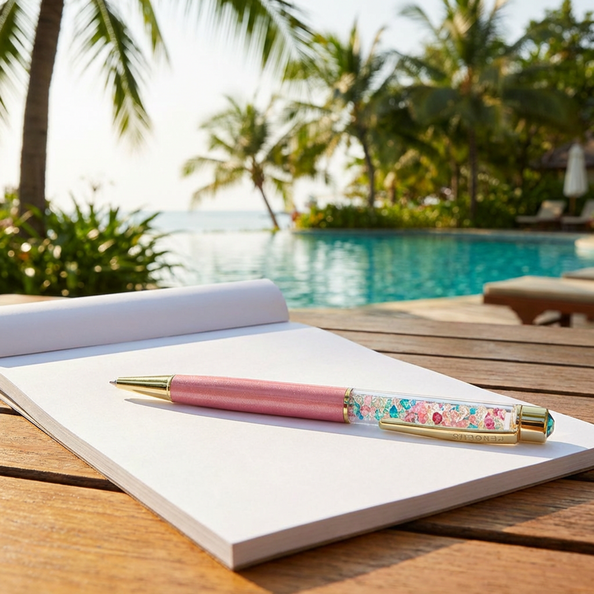 Floral pen on a notebook with a pool and palm trees in the background