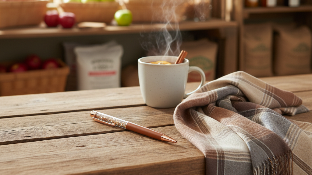 Steaming mug on a wooden table with a pen and plaid blanket, sunlit room with fruit and jars in the background