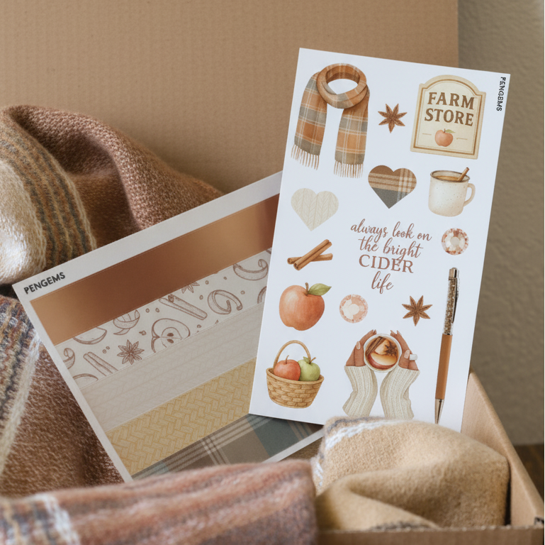 Sticker sheet with autumn-themed designs next to a plaid blanket and box on a wooden surface.