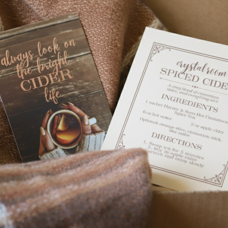 Two recipe cards for spiced cider on a textured surface with a blanket.