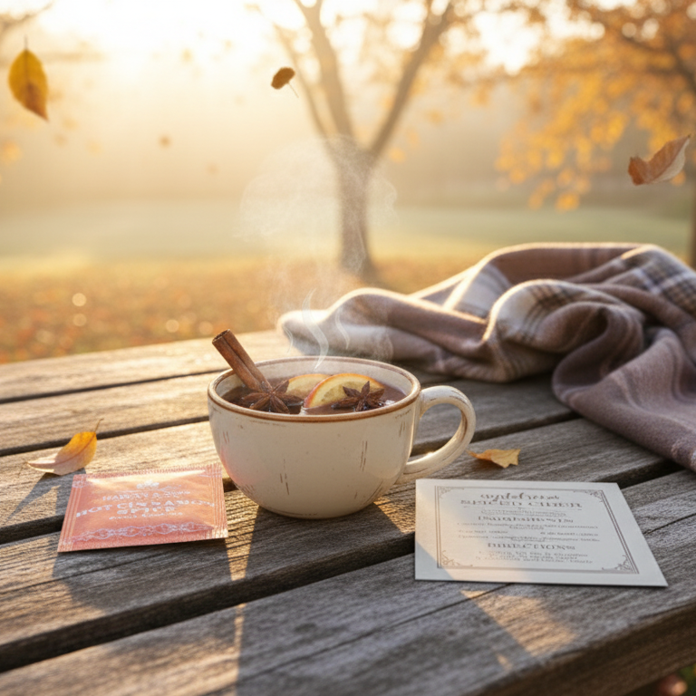 Cup of hot cider with a scarf on a wooden table in a park during autumn.