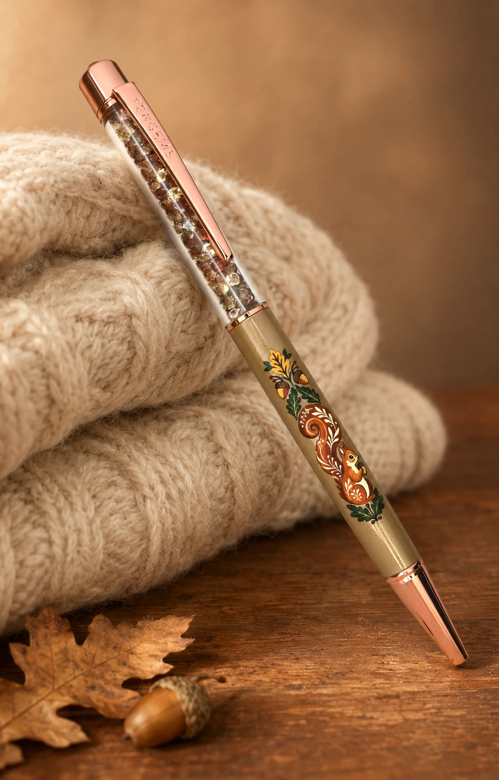A decorative ballpoint pen with a rose gold cap and body, featuring a colorful floral illustration, resting on a beige knit blanket over a wooden table with scattered autumn leaves.