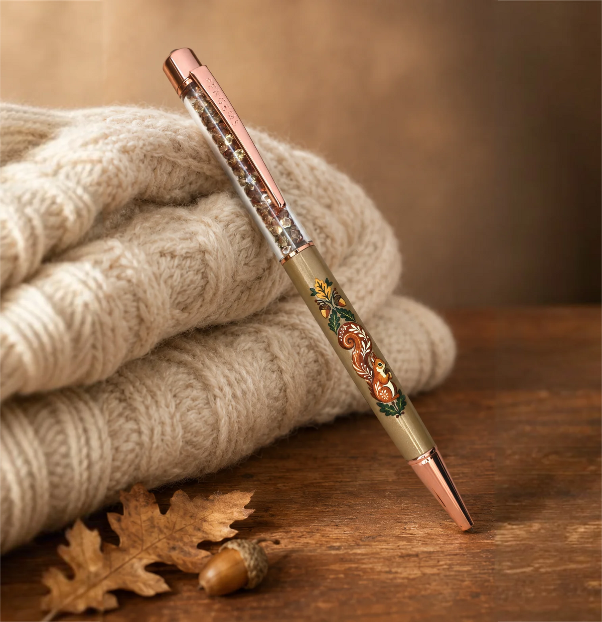Squirrel Away crystal pen with a folk art squirrel and rose gold hardware on a taupe barrel