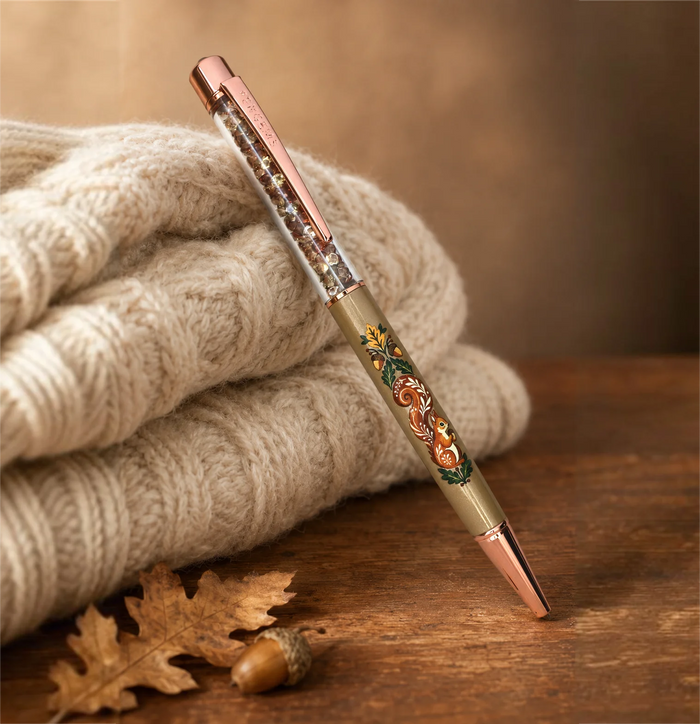 Squirrel Away crystal pen with a folk art squirrel and rose gold hardware on a taupe barrel