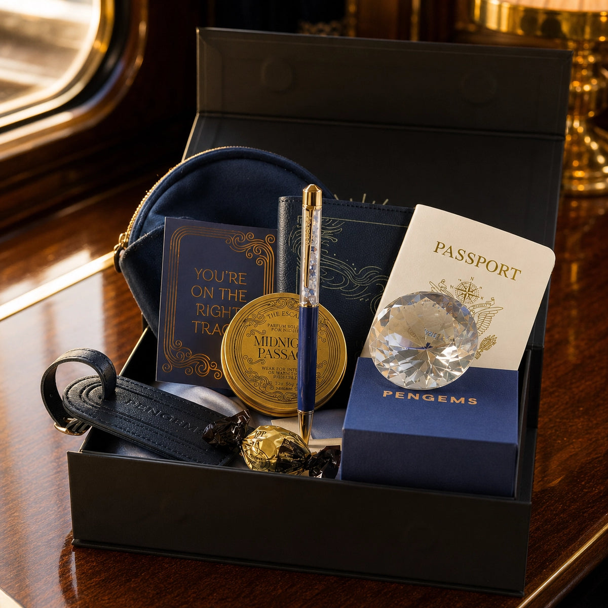 Collection of travel-themed items including a passport, gold coin, and decorative objects in a black box on a wooden surface.