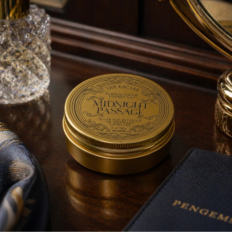 Gold container labeled 'Midnight Passage' on a wooden surface with a mirror and other items in the background.