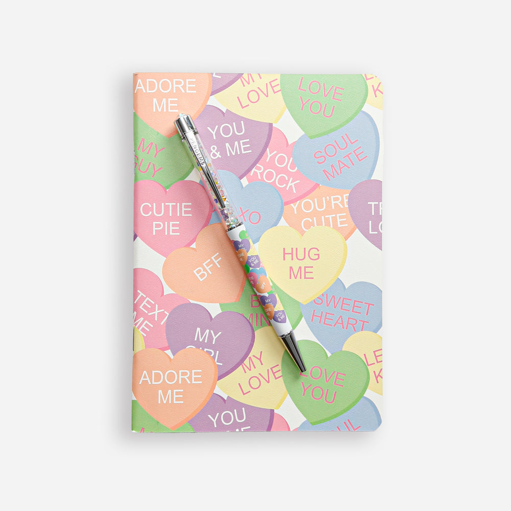 PENGEMS Conversation Hearts Confectionery Collection Crystal Pen + Notebook Mini Bundle
