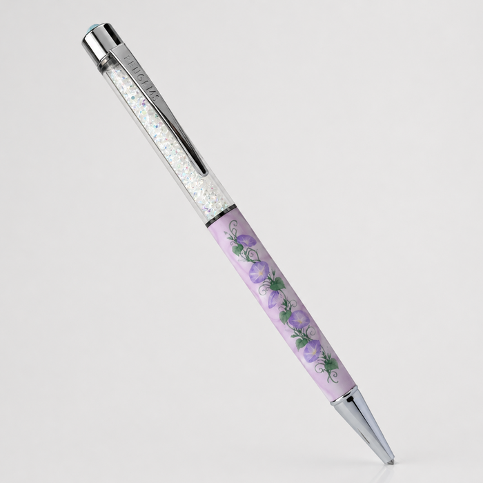Glory Days crystal pen on a plain white background, showing the full morning glory vine print with chrome hardware and aurora crystal fill.