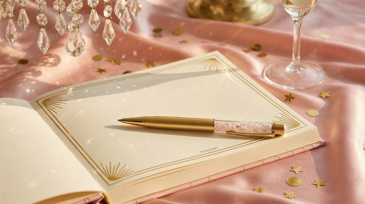 Gold pen on an open book with a glass of champagne and decorative elements on a pink tablecloth.