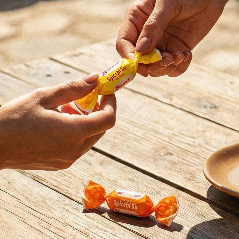 Two people sitting at a wooden table by the sea, enjoying snacks and coffee.