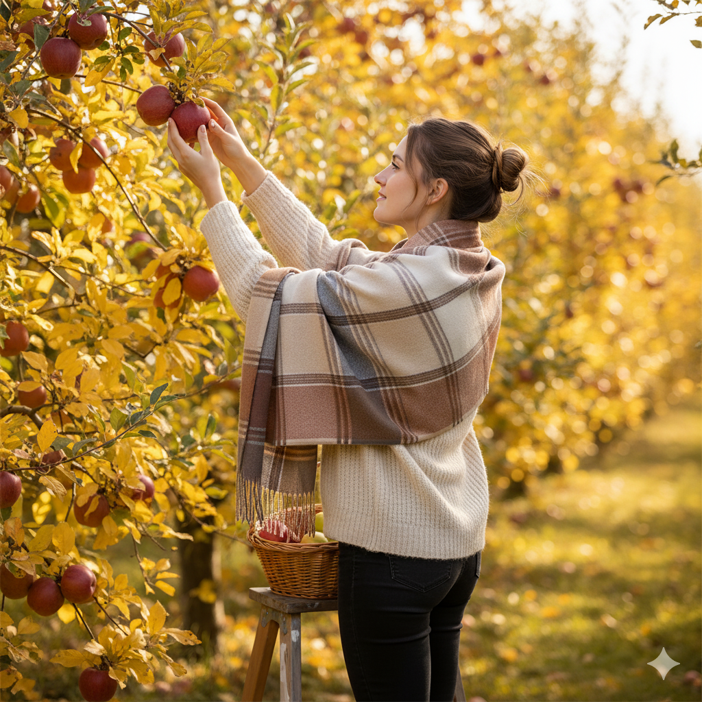 Woman wearing the cozy plaid scarf from the Spiced Cider stationery gift set