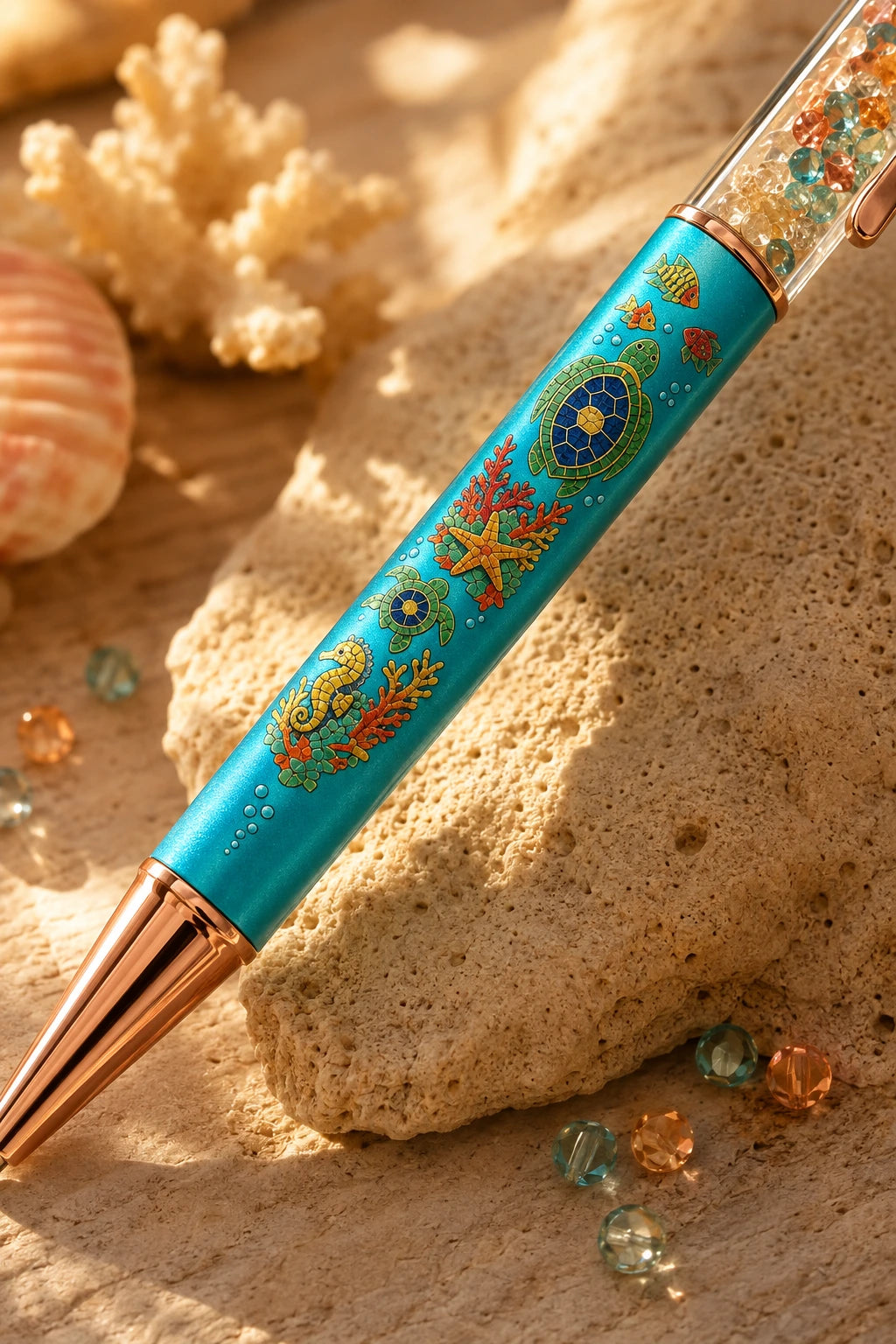 PenGems - Turtle Bay - crystal pen close-up showing the mosaic sea turtle, starfish, and seahorse in coral and gold, resting on textured coral rock beside a seashell and loose crystal beads.