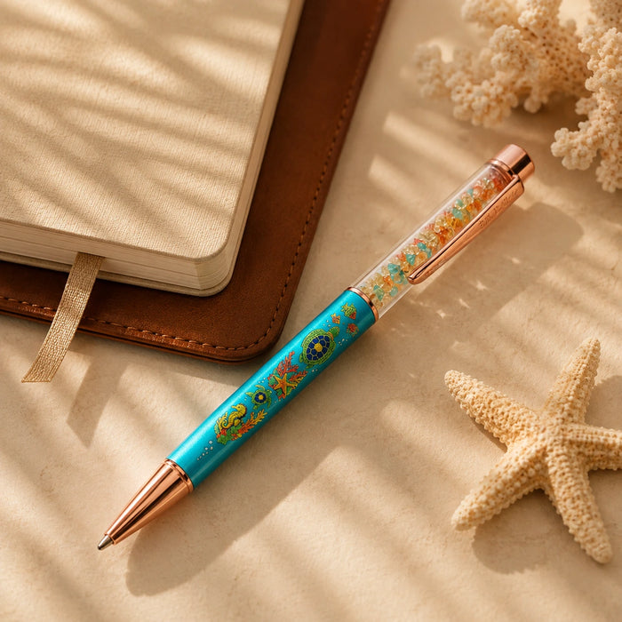 PenGems - Turtle Bay - crystal pen with a mosaic sea turtle design on a turquoise barrel, resting beside a leather journal with coral and a starfish nearby, in dappled palm-frond light.