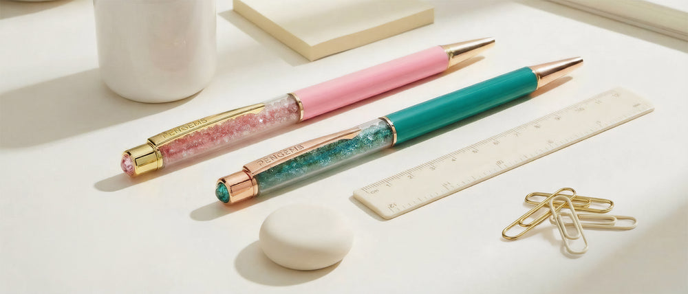 Two decorative pens with gemstone accents on a light surface with stationery items.