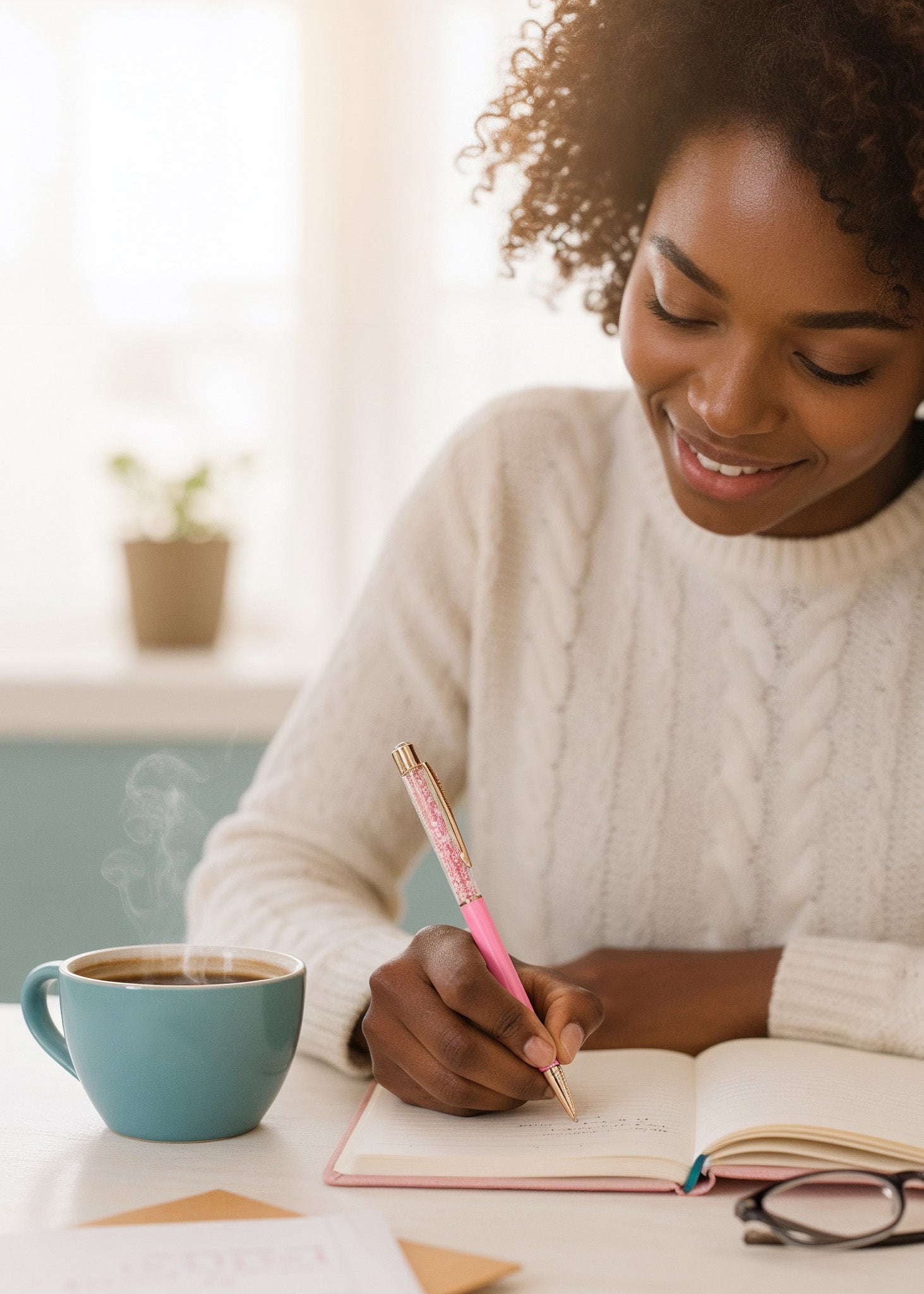 Woman writing in a notebook with a pink pen, smiling, next to a steaming cup of coffee.